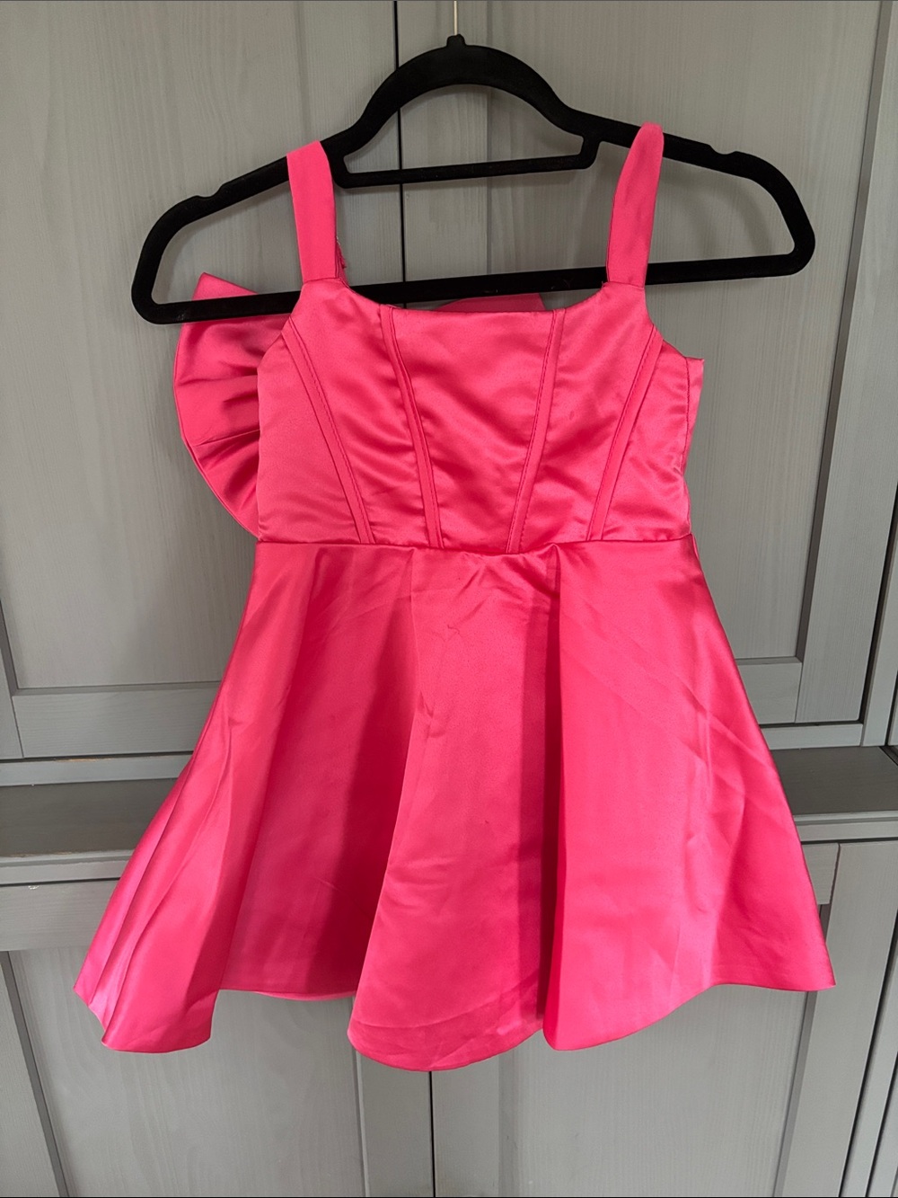 Girls Pink Satin Party Dress with corset style bodice, adjustable Shoulder, bow